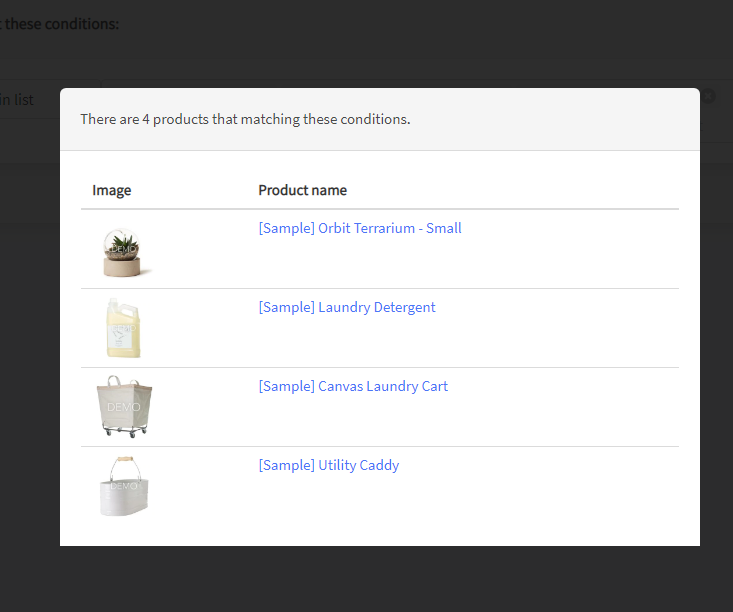 Preview selected products in a filter designer - Prikid Size Charts App for BigCommerce
