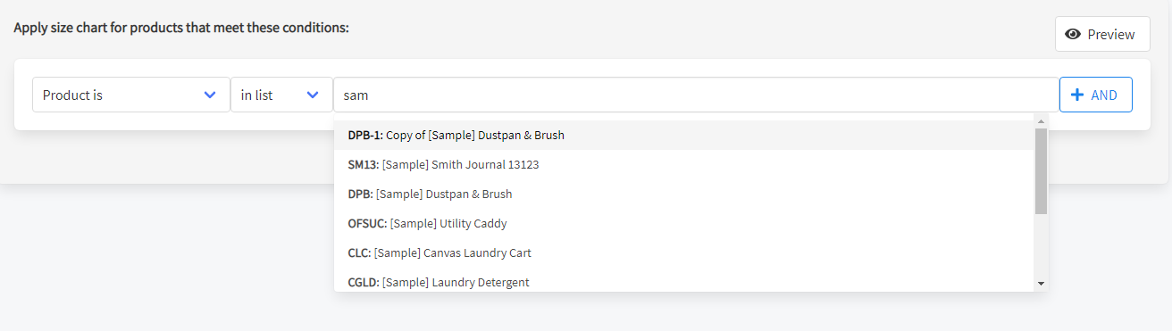 Selecting specific products in a products filter - Prikid Size Charts App for BigCommerce