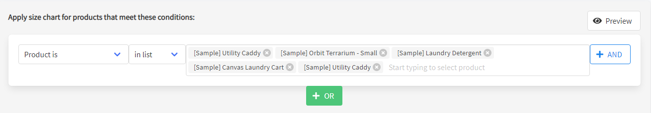 Selecting multiple products in a filter designer - Prikid Size Charts App for BigCommerce