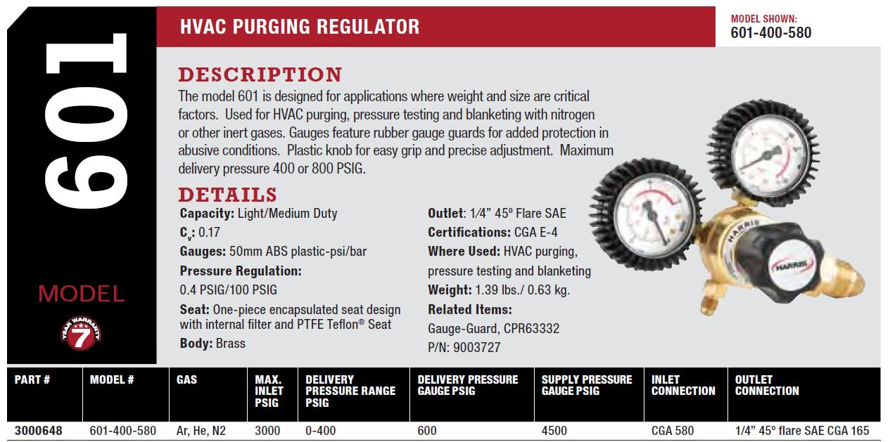 『AMORAL EMISSION REGULATORS』 V.A. LP Harris 601 HVAC Purging Regulator 400 PSIG 601-400-580 3000648